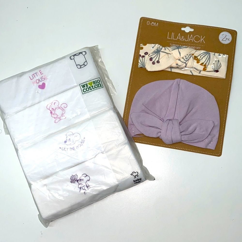 🔥4 We bio cotton baby one piece romper & turban & headband set New sz 12/18 M